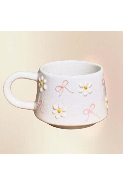 Generic Brand Handmade Ceramic Coffee Tea Mug with Daisy Flowers and Pink Bow...
