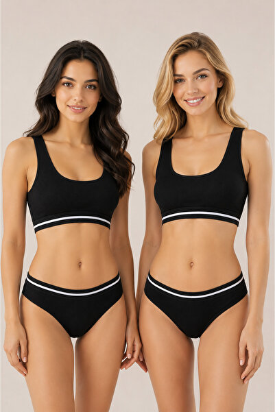 Nymora Women's Padded Cotton Camisole Bustier Panties Set 2-Piece Black
