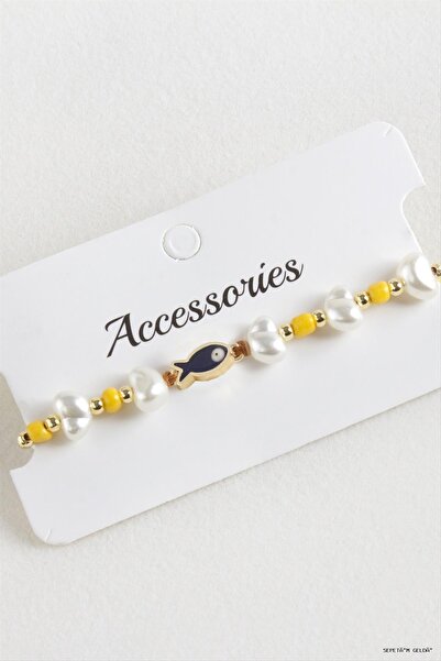 ZERO LAND Spt-Gld Fish Pearl Beads Macrame Cord (110825) Bracelet Yellow