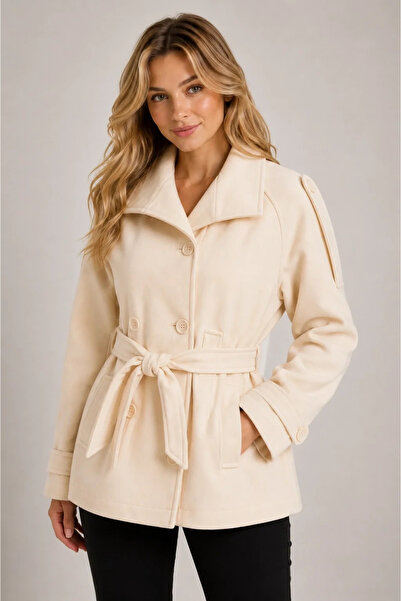 bysoca Women's Ecru Cashmere Short Coat Double-Breasted Belted Double-Button ...