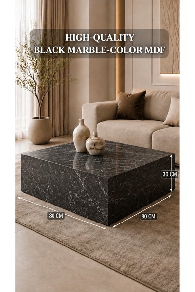 ibrahim suleiman al saqami Modern Black Marble-Look MDF Coffee Table – Square Center Table for Living Room – 80 × 80 × 30 cm