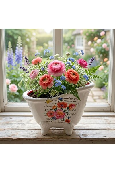 ESKİ YENİ ANTİK Çiçek Desenli Kırmızı İç Detaylı Ayaklı Seramik Saksı 23 x 16 cm