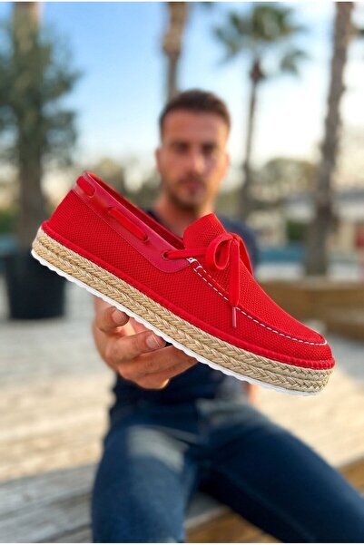 Zerenyus ZRC311 Espadrile Premium pentru bărbați din in cu șireturi roșii