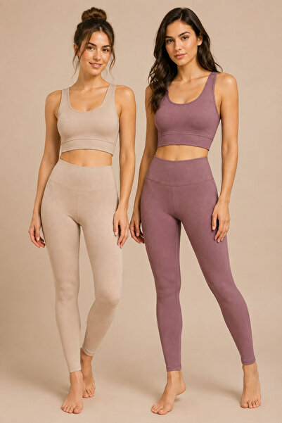 Nymora Women's Padded Ribbed Crop High Waist Leggings Sports Set 2-Piece Plum...