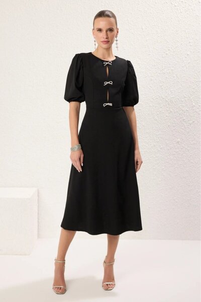Generic Brand Women's short sleeve drop bow detailed imported crepe midi dress