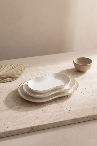 RUBİ PORSELEN Modern Gold Gilded Cream Porcelain 3-Piece Kayık Serving Plate Set