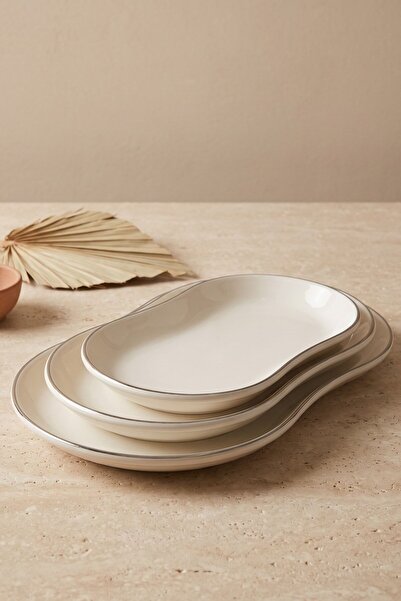 RUBİ PORSELEN Modern Platinum Silver Gilded Cream Porcelain 3-Piece Kayık Ser...