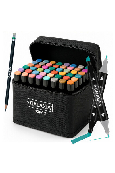 Galaxia Set 80 Markere Profesionale Cap Dublu, Cerneala Alcool, Husa Transpor...