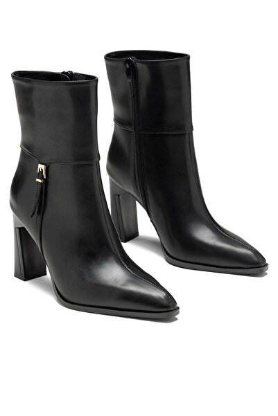 Dedos Women's Thick Heeled Zipper Detailed Black Leather Casual Boots