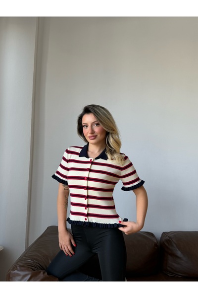 LE CARAMBOLE Women's Ecru Striped Ruffle Detailed Knitwear Cardigan