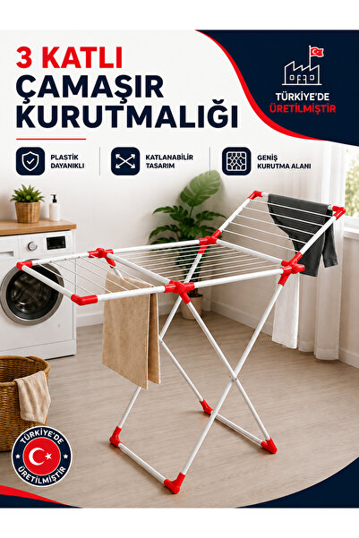 Genel Markalar Plastik Çamaşır Kurutmalığı 3 Katlı – Katlanabilir Kanatlı Kur...