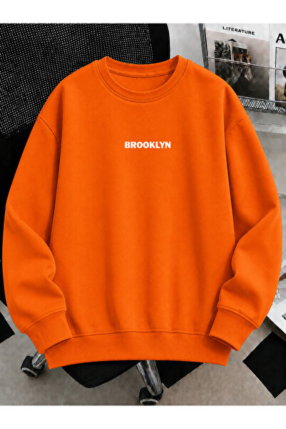 MODARİCH Unisex Kadın/Erkek Brooklyn Renkli Özel Baskılı Oversize Bisiklet Yaka Pamuklu Sweatshirt