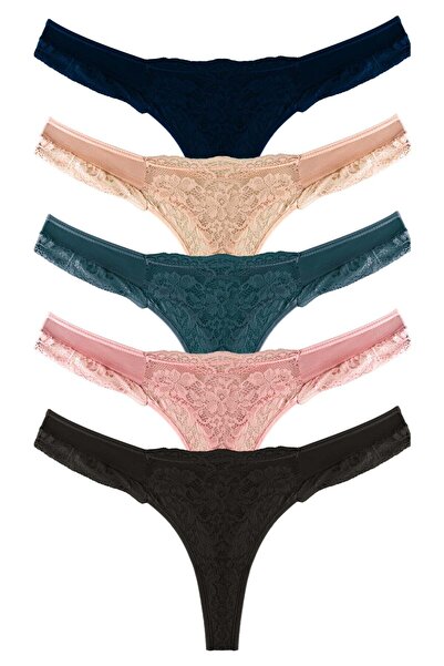 Cottonhill Lace Transparent Tulle Detailed Large Size Women's Thong Panties 5...