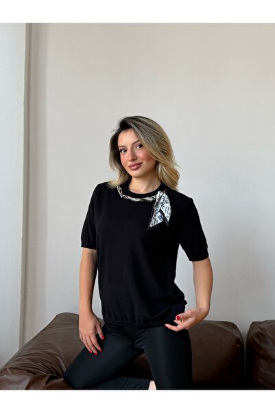 LE CARAMBOLE Women's Black Scarf Chain Detailed Knitwear Blouse