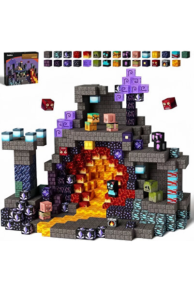 MINECRAFT Blocuri Magnetice tip Puzzle 3D, 100 buc, Set Peșteră Întunecată, J...