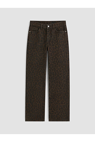 LC Waikiki Kahverengi Leopar Desenli Straight Fit Kadın Jean Pantolon