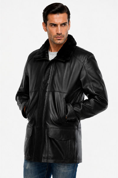LİDYA DERİ Men's Genuine Leather Coat with Fur Collar