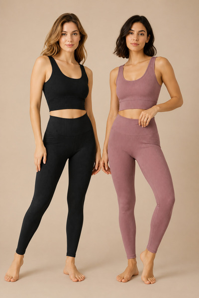 Nymora Women's Padded Ribbed Crop High Waist Leggings Sports Set 2-Piece Blac...