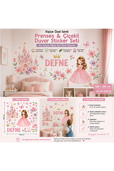 reklamcın Kişiye Özel İsimli Prenses ve Çiçekli Kız Çocuk Odası Duvar Sticker...