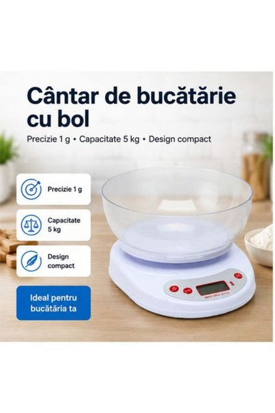 OEM Cântar Digital Bucătărie 5g-5kg, LCD, Bol Detașabil, g/lb/oz, 2 Baterii AA