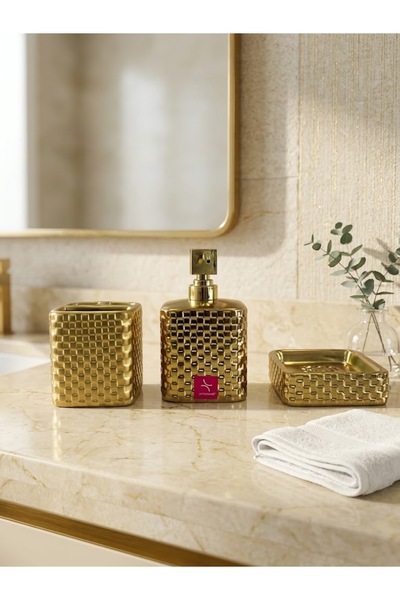 Rosetti Aksesuar SET ÜSTÜ-SIVI SABUNLUK-DİŞ FIRÇALIK-KALIP SABUNLUK-GOLD