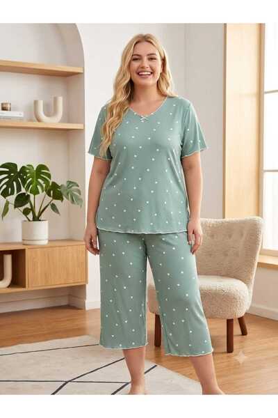 Asel Büyük Beden Kısa Kol Pamuklu Soft Likralı Kapri Pijama Takımı