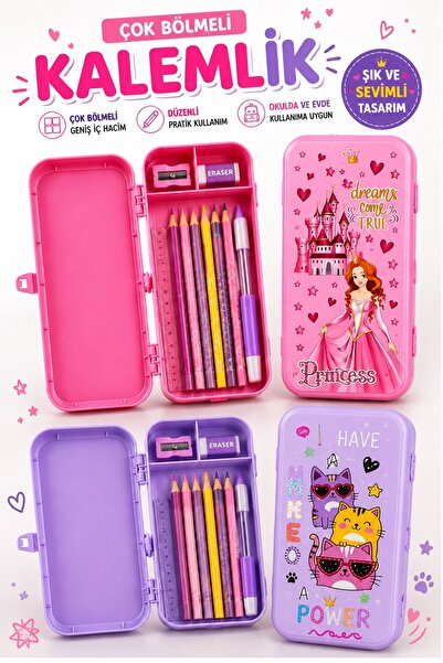 Kitchen Beauty Sevimli Desenli Çok Bölmeli Kalemlik Kalem Kutusu Düzenli Kullanışlı Çift Taraflı Kalemlik Kutusu