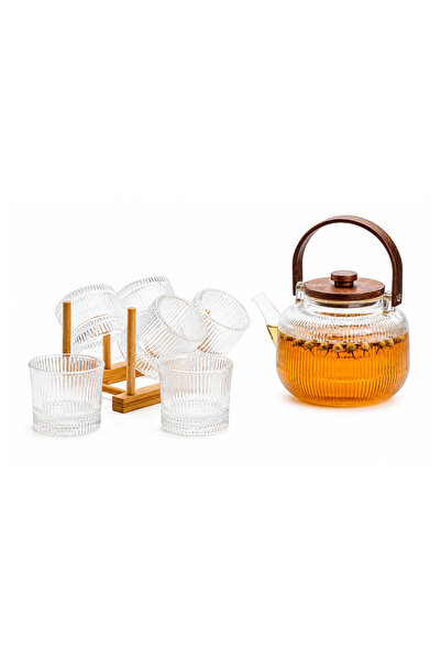 wei Teapot set + 6 glasses, with stand, heat-resistant, glass + wood, 1280/18...