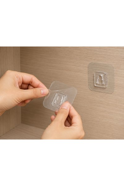 KONTEF Şeffaf Yapışkanlı Askı 10'lu Set – Delmeden Takılan Duvar Askısı