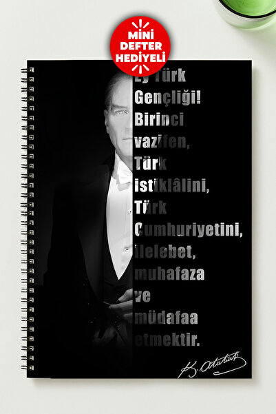 BLACKONECLASS Special Design Ataturk Themed A5 Metal Spiral Checkered Cardboa...