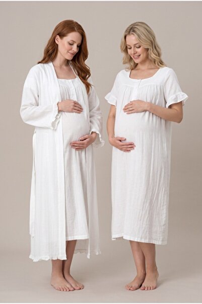 LOHOUSE Women's Ecru Muslin Fabric Short-Sleeved Maternity Nightgown Set with...