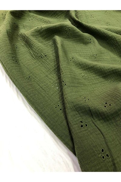 Yiğit Kumaş Green Embroidered Scalloped Muslin Fabric