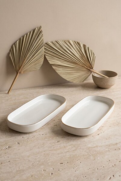 RUBİ PORSELEN Modern Gold Gilded Cream Porcelain 2-Piece Kayık Serving Plate Set