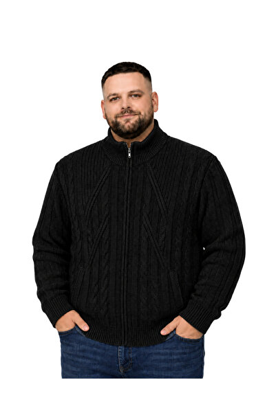 BattalModa Erkek Büyük Beden Siyah Hattush Örgülü Cepli Ceket 3XL-4XL-5XL-6XL