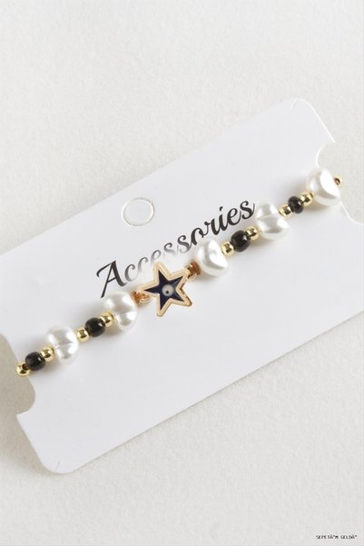ZERO LAND Spt-Gld Starfish Bead Pearl Macrame Cord (224608) Bracelet, Black.
