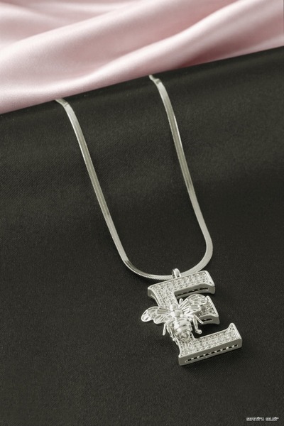 ZERO LAND Spt-Gld Bee Zircon Stone Silver Color Lettered (131631) Steel Necklace