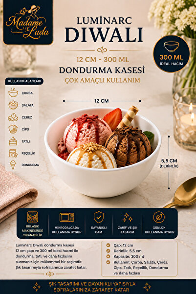 Luminarc Diwali Beyaz 6’lı Kase Seti 300 ML / 12 CM Sütlü Tatlı & Dondurma Ka...