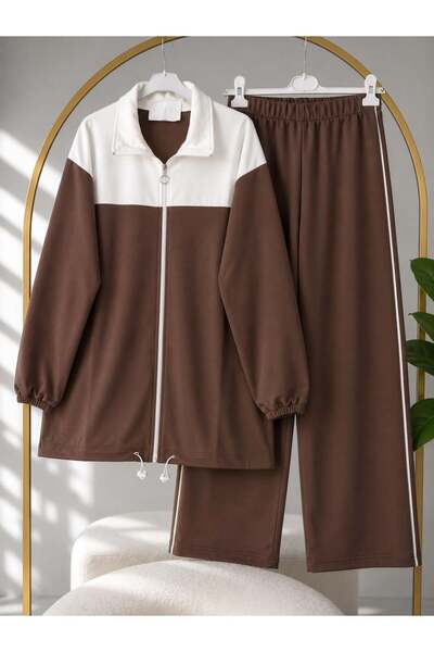 modasindoma Women's Hijab White Block Patterned Pants Suit Brown