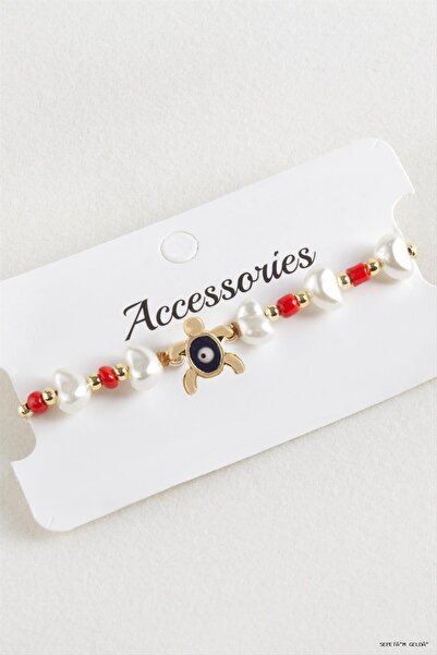 ZERO LAND Spt-Gld Turtle Beads Pearl Macrame Cord (132401) Bracelet Red