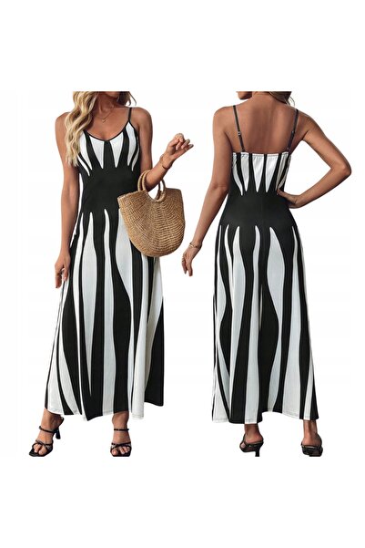 SNM Rochie Maxi Dungi Bretele Reglabile Universal Alb Negru Material Aerisit ...