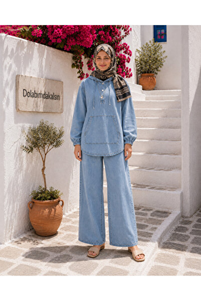 Kadın kapüşonlu denim çıtçıtlı tunik bol paça pantolon ikili takım TG024