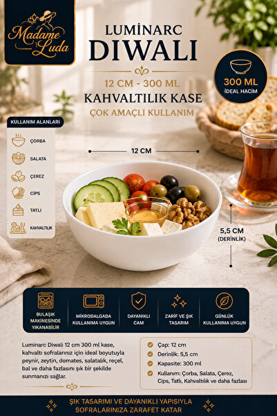 Luminarc Diwali Beyaz 6’lı Kase Seti 300 ML / 12 CM Reçellik & Kahvaltılık Ka...