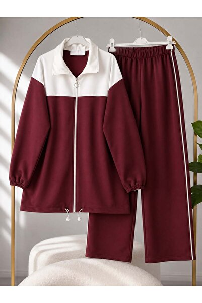 modasindoma Women's Hijab White Block Patterned Trouser Suit Burgundy