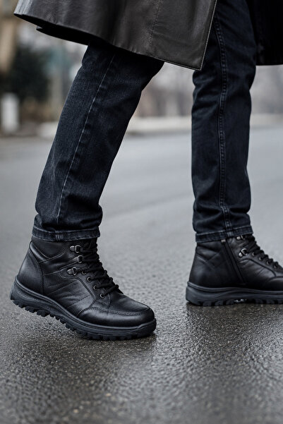 Ekonomik Ayakkabı Men's Black High Ankle Boots with Laces and Zipper, Thick S...
