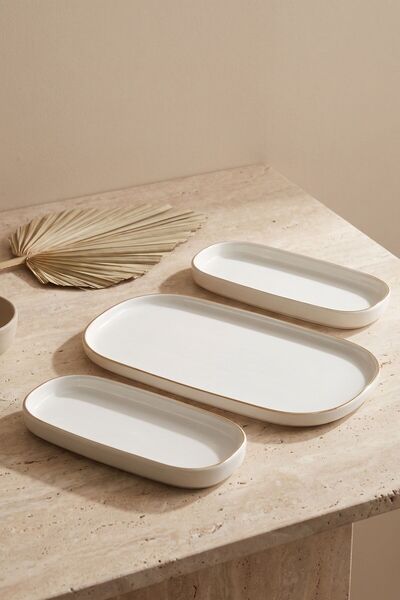 RUBİ PORSELEN Modern Gold Gilded Cream Porcelain 3-Piece Kayık Serving Plate Set