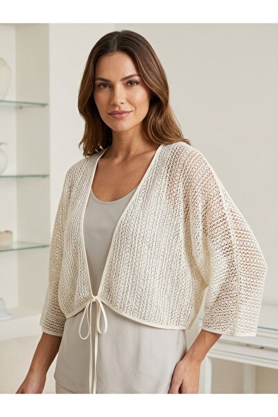 SERESSTORE Kadın Ekru Ajurlu File Bağlama Detaylı Bolero Crop Hırka