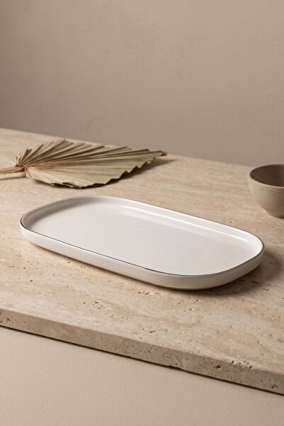 RUBİ PORSELEN Modern Platinum Silver Gilded Cream Porcelain Boat Serving Plat...