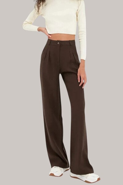 byhaziran butik Women's Wide Leg Bitter Brown Cut Fabric Trousers