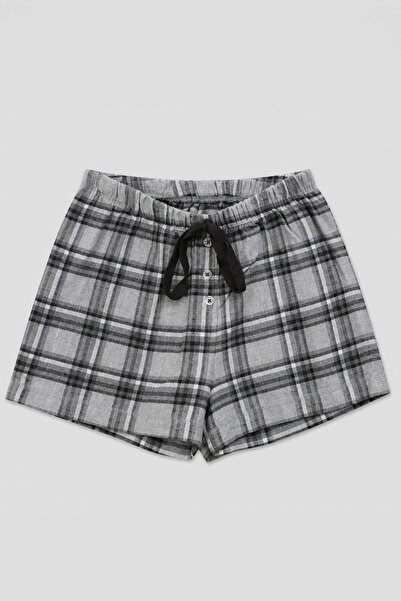 MARKAPIA WOMAN Women's 100% Cotton Plaid Patterned Lace-Up Gray Pajama Shorts