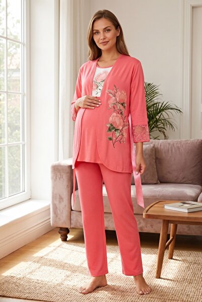 Miss Dünya Lissa Rosette Floral Patterned Maternity and Postpartum Pajama Set...